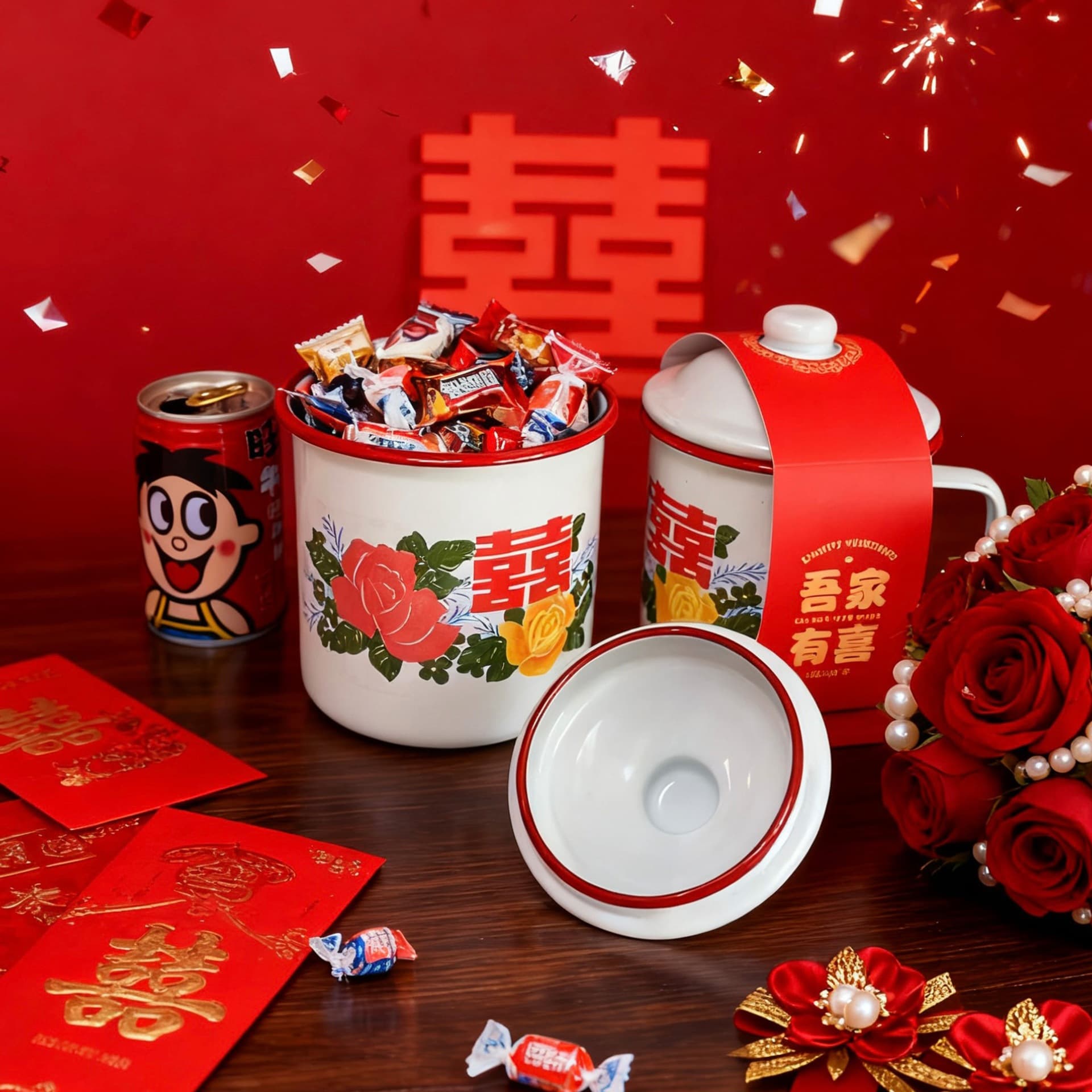 Floral Enamel Cup, Wedding Candy Box, Double Happiness Character Water Cup, Red-Edged Mug, New Tea Cup, Double Happiness Enamel Jar, Enamel Cup