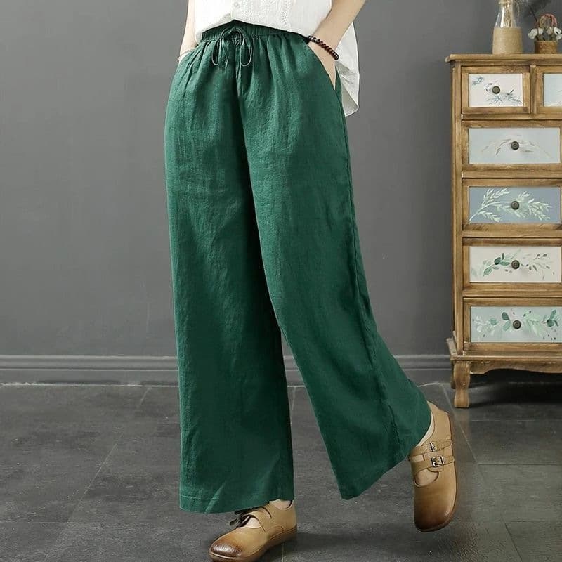 Summer Casual Cotton Linen Wide Leg Pants, Elastic Waist, Loose Fit, Slimming, Plus Size, Cropped Trousers