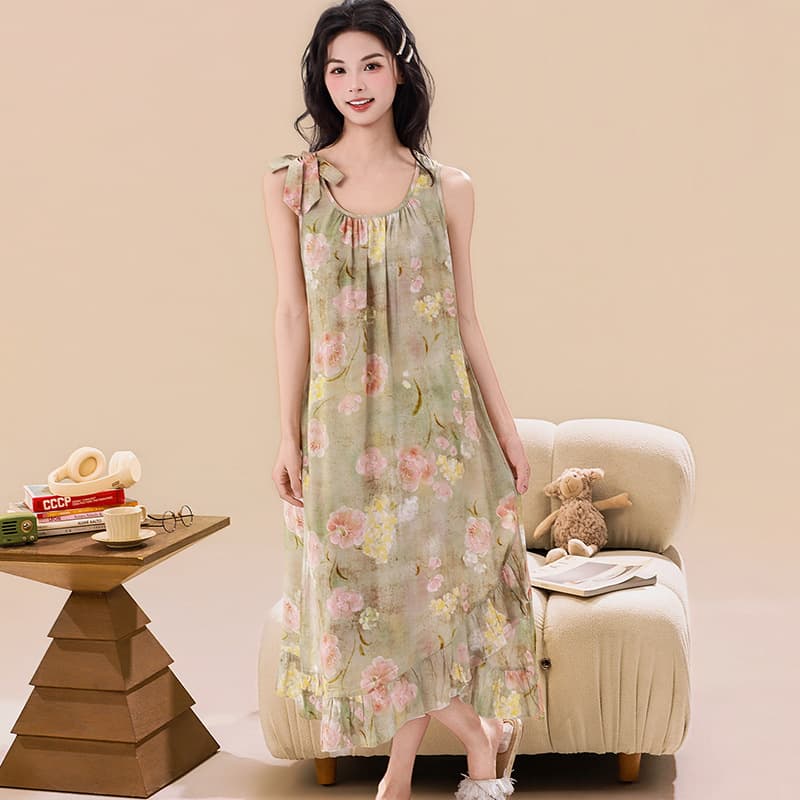Chinese Loose Plus Size Camisole Nightgown Women Summer New Ruffle Bow Medium Long Vintage Floral Dress