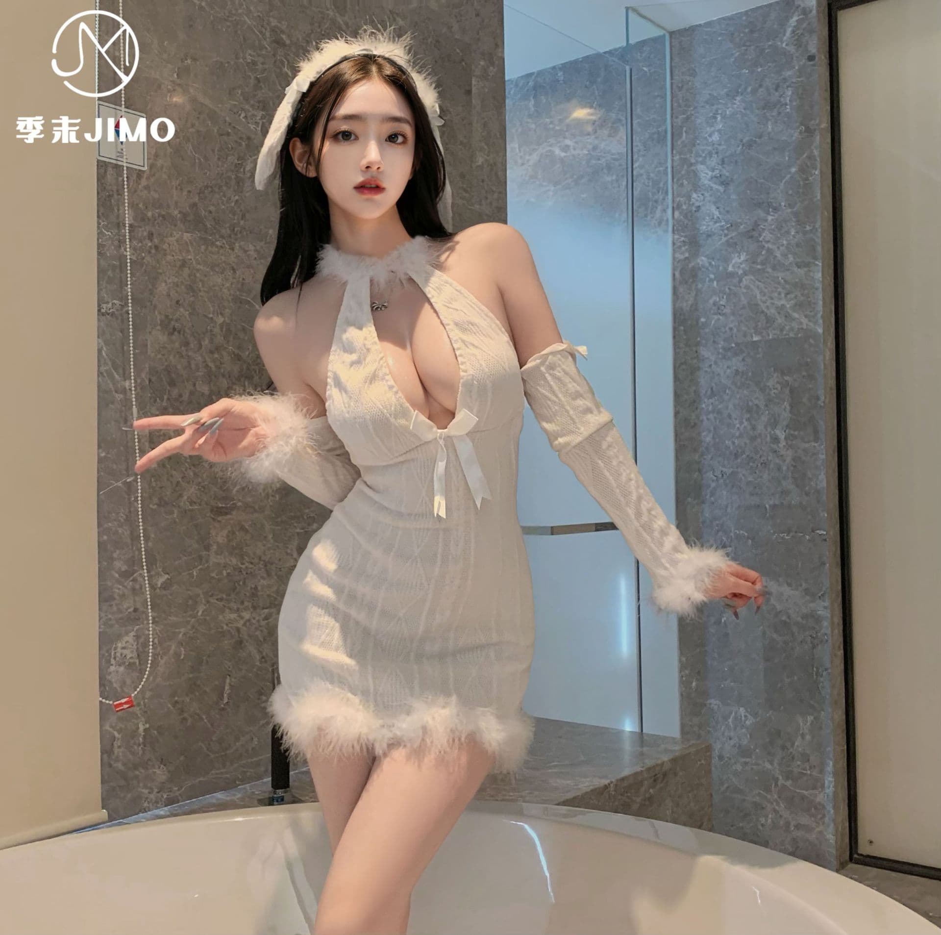End-Of-Season Sexy Halter Deep V Plush Lace-Up Bodycon Dress Pure Desire Lingerie See-Through Cos Christmas Outfit 9252