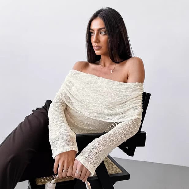 French Style Apricot Off-Shoulder Lace Top Women's Inner Layer 2026 Spring Summer Fashion Knit Short Base T-Shirt