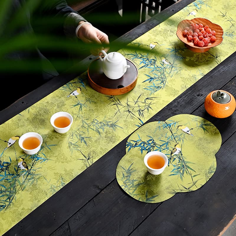Waterproof Double-Sided New Chinese Zen Style Tea Tablecloth Incense Cloud Silk Dry Puff Table Flag Anti-Slip Tea Set Accessories