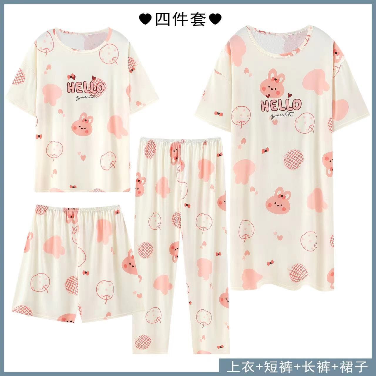 Imitation Cotton Four-Piece Pajamas for Women, Summer and Autumn Short-Sleeve Shorts Set, New Loose Nightgown, Plus Size Homewear Suit