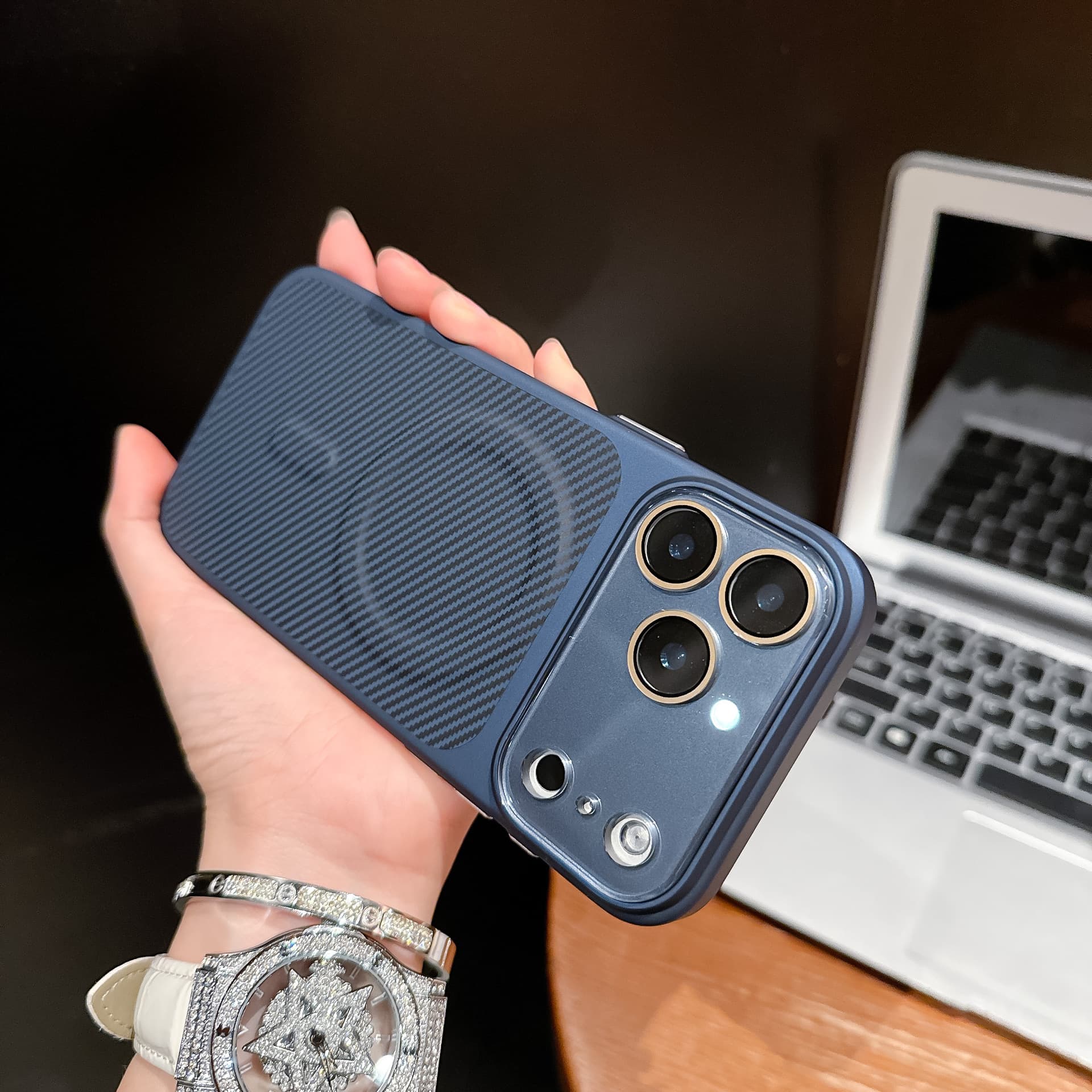 Compatible with Apple 17 Pro Max Carbon Fiber Leather Texture Phone Case, iPhone 16 Magnetic Charging, 15 Pro Protective Case