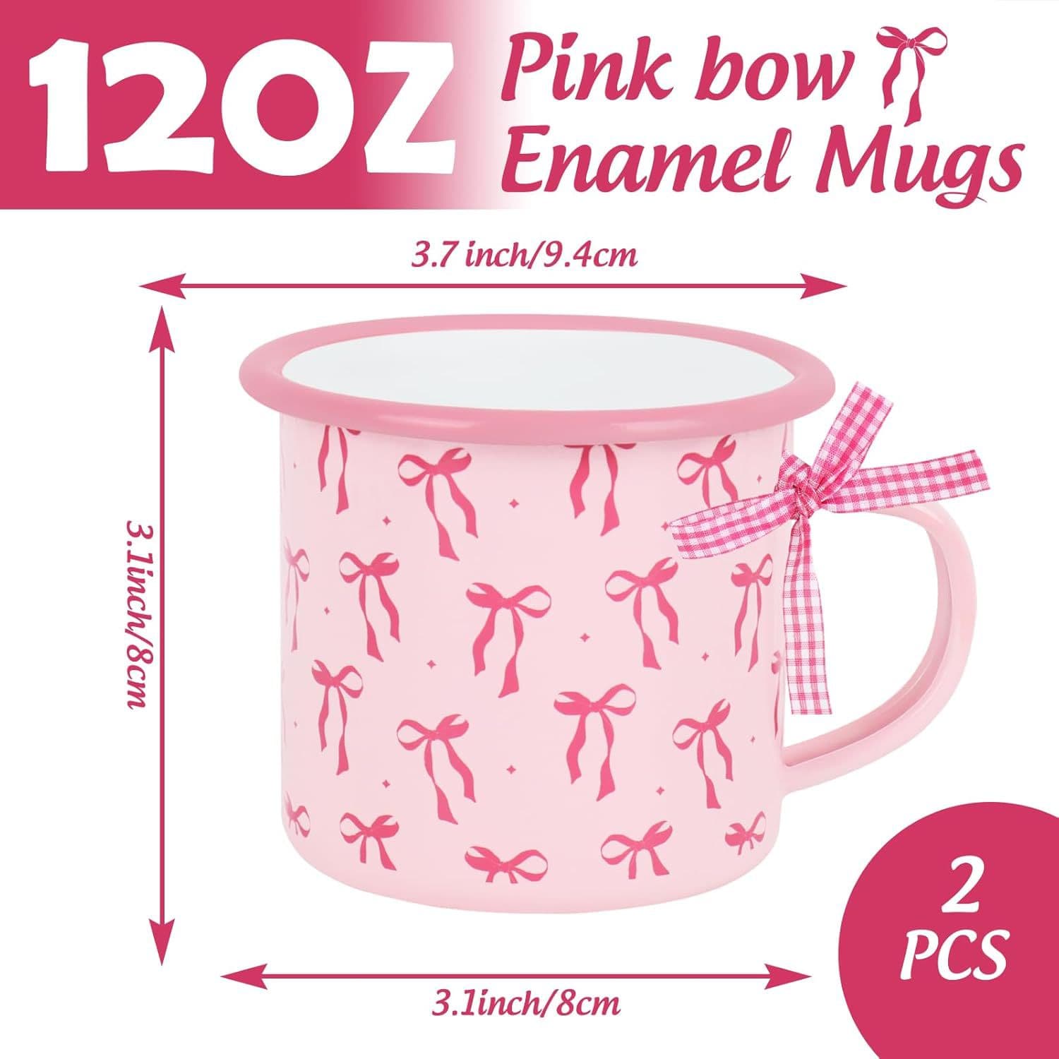Factory Direct Pink Bow Coffee Cup Cute Style Enamel Cup with Handle Drinking Cup