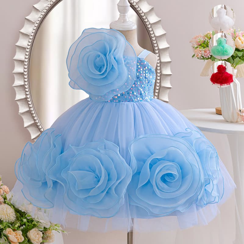 Foreign trade new girl's rose flower fluffy gauze princess dress flower girl fashionable week-old children's performance dress