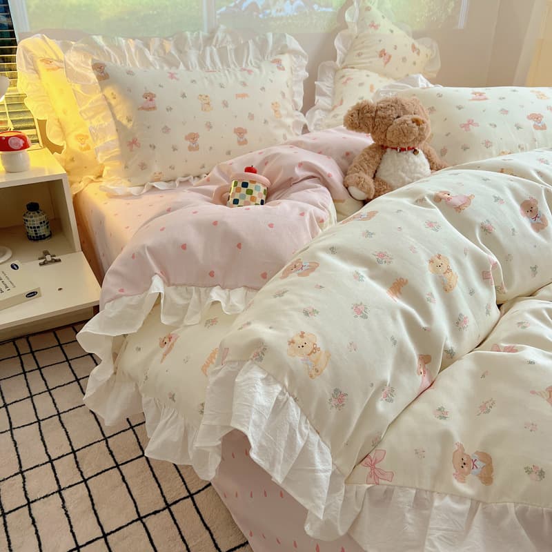Princess Style Pure Cotton 4-Piece Bedding Set, All-Season Korean Girly Heart Ins Lace Trim Full Cotton Dormitory Set