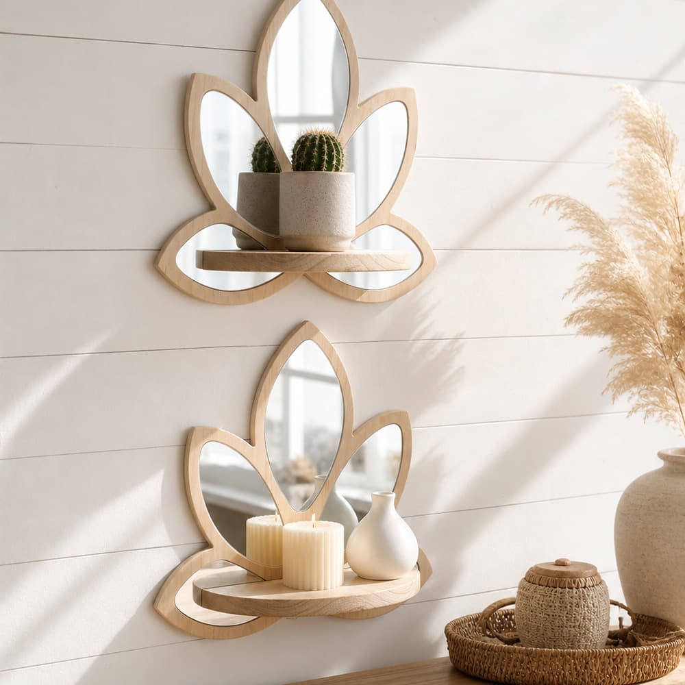 Bohemian Lotus Mirror Wall-mounted Storage Rack Petal Mirror Decoration Home Wall Storage Rack Wooden Crafts