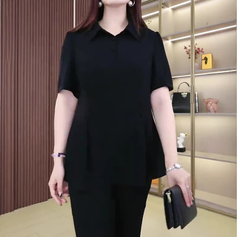 2025 Summer New Short-Sleeved Collared Elegant and Versatile Polo Shirt Top for Plus Size Mothers