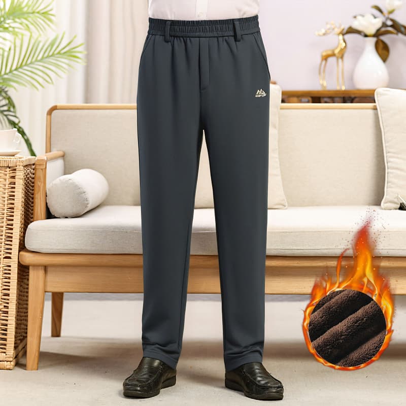 Thick, fleece-lined straight-leg trousers for middle-aged and elderly fathers, cotton-padded trousers for fathers and grandfathers, elastic waist casual trousers for men in winter.