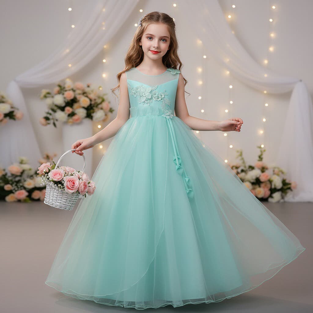 Girls' Princess Dress Mesh Tulle Flower Formal Gown Flower Girl Long Dress Piano Performance Costume Drop Shipping