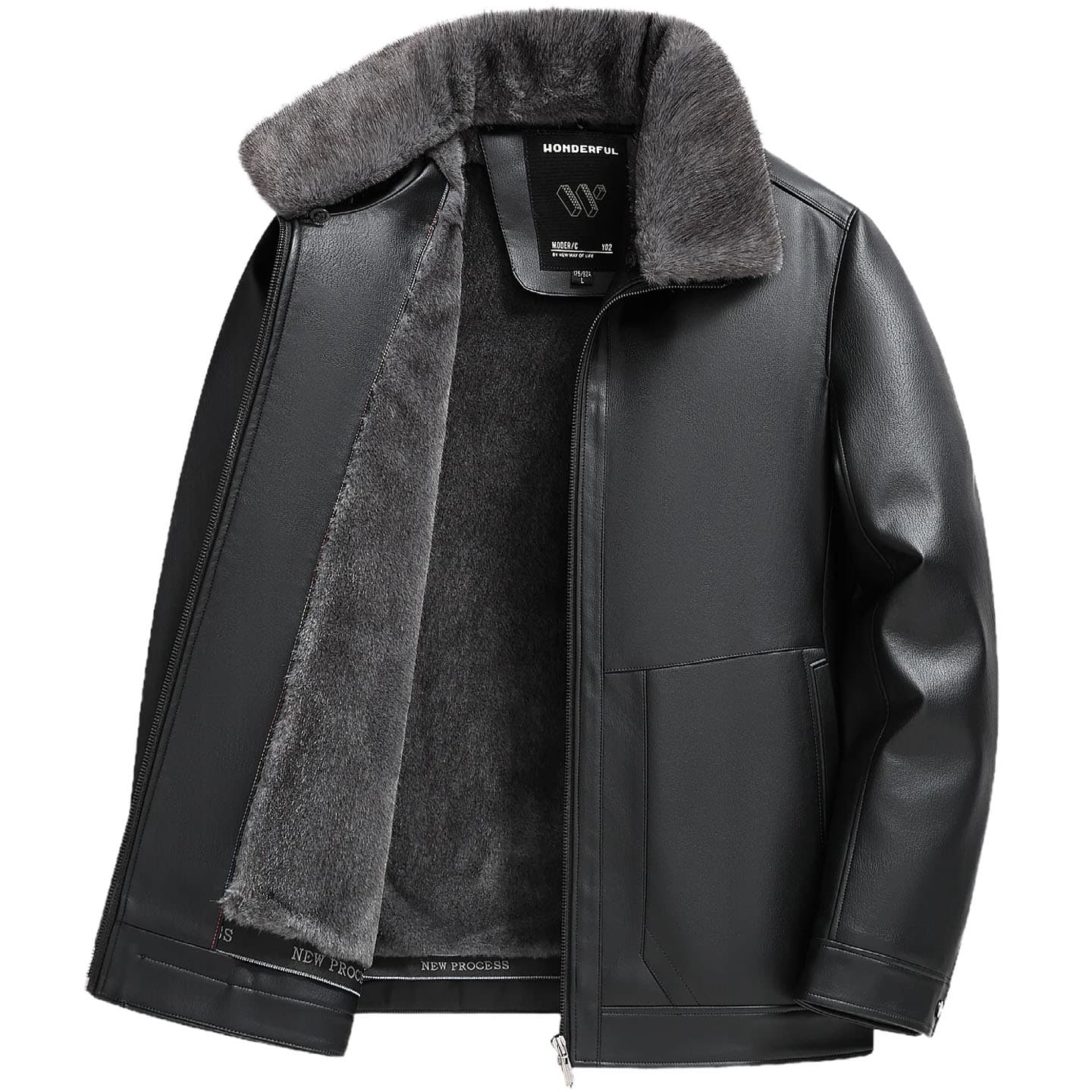 Winter Fleece-Lined Thick Leather Jacket for Middle-Aged Men, Warm and Windproof Dad Coat with Turn-Down Collar
