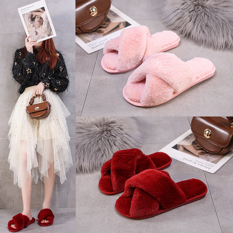 New Cross-Stitched Plush Cotton Slippers Rainbow Color Autumn/Winter Season Casual Hairy Women's Slippers