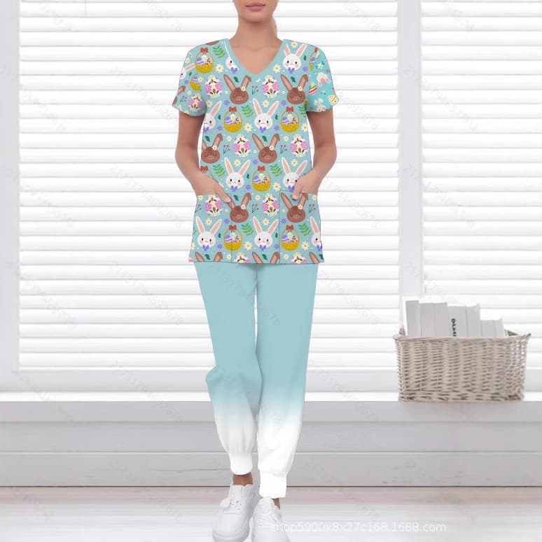 Foreign trade Amazon AliExpress women's V-neck nursing uniform short-sleeved suit summer printed T-shirt nurse uniform split