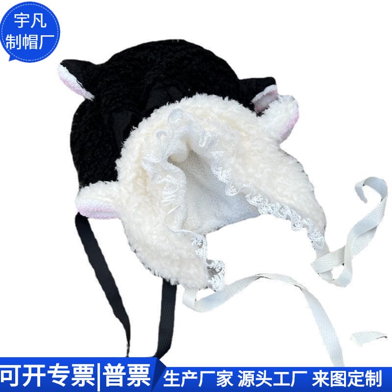 Cute lace plush hat, autumn and winter warm ear protection hat, soft and cute girl Internet celebrity Lei Feng hat, custom factory