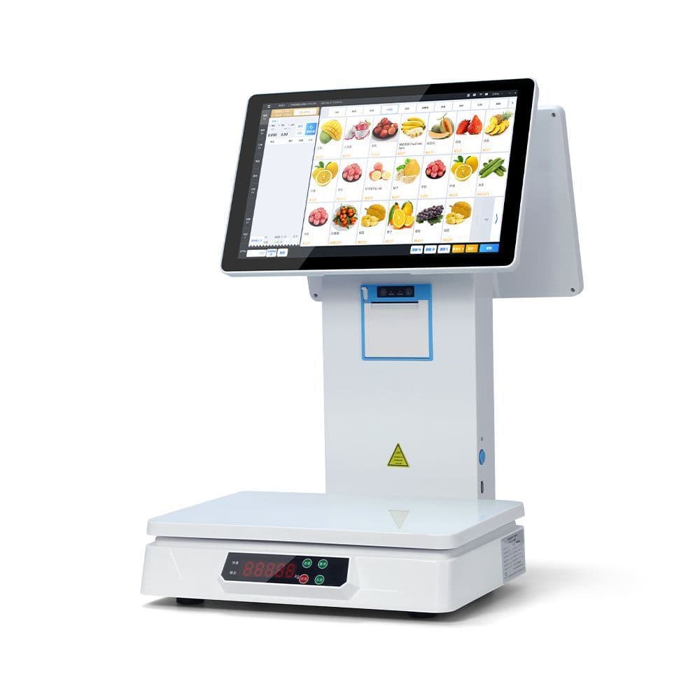 New AI auto-recognition smart weighing all-in-one POS for fresh fruits, vegetables, supermarkets, and spicy hot pot electronic scales.