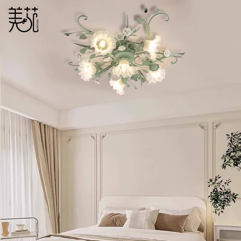 Jiayuan Cream Green Rustic Ceiling Light with Rose Iron Art, Romantic Floral Lamp for Bedroom Room