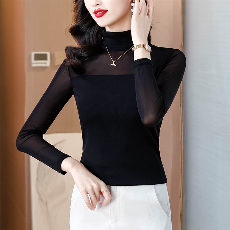 2025 Winter Fleece-Lined Thickened Slim Fit High Neck Fashionable Versatile Heat-Generating Fiber Patchwork Stylish Long Sleeve
