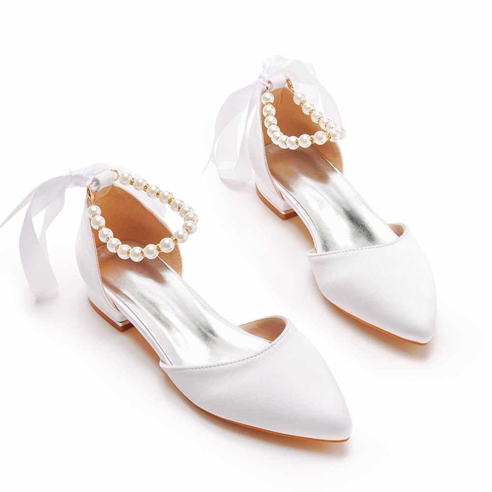 2cm Flat Heel Pointed Toe Open Sandals, Low Heel Shallow Mouth White Satin Beaded Ribbon Wedding Shoes