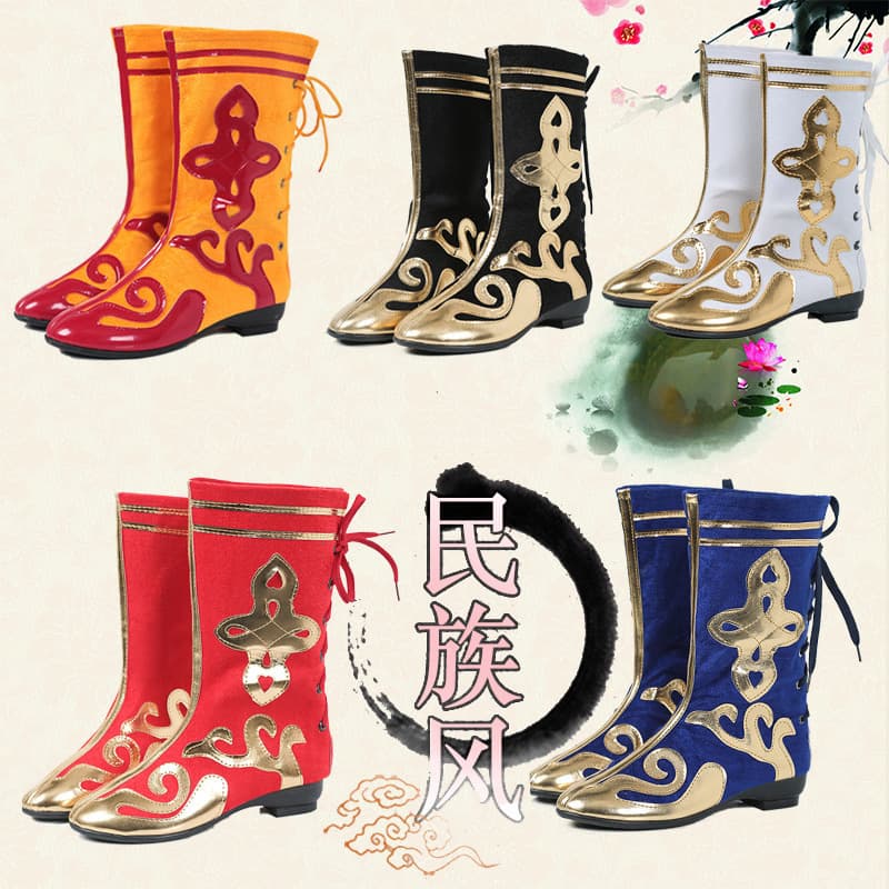 Black Ethnic Shoes Minority Men's High-Top Boots Tibetan Boots for Children's Performance Fashion Show Dance Performance Boots