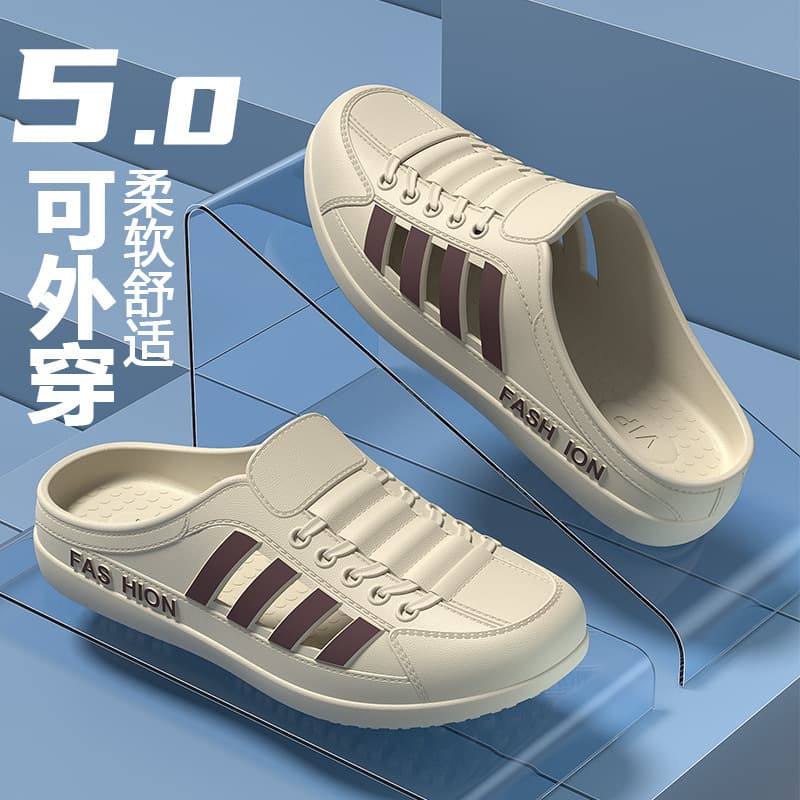 2025 New Perforated Clogs Men Breathable Anti-Slip Enclosed Toe Korean Style Slip-On Mules Trendy Sandals