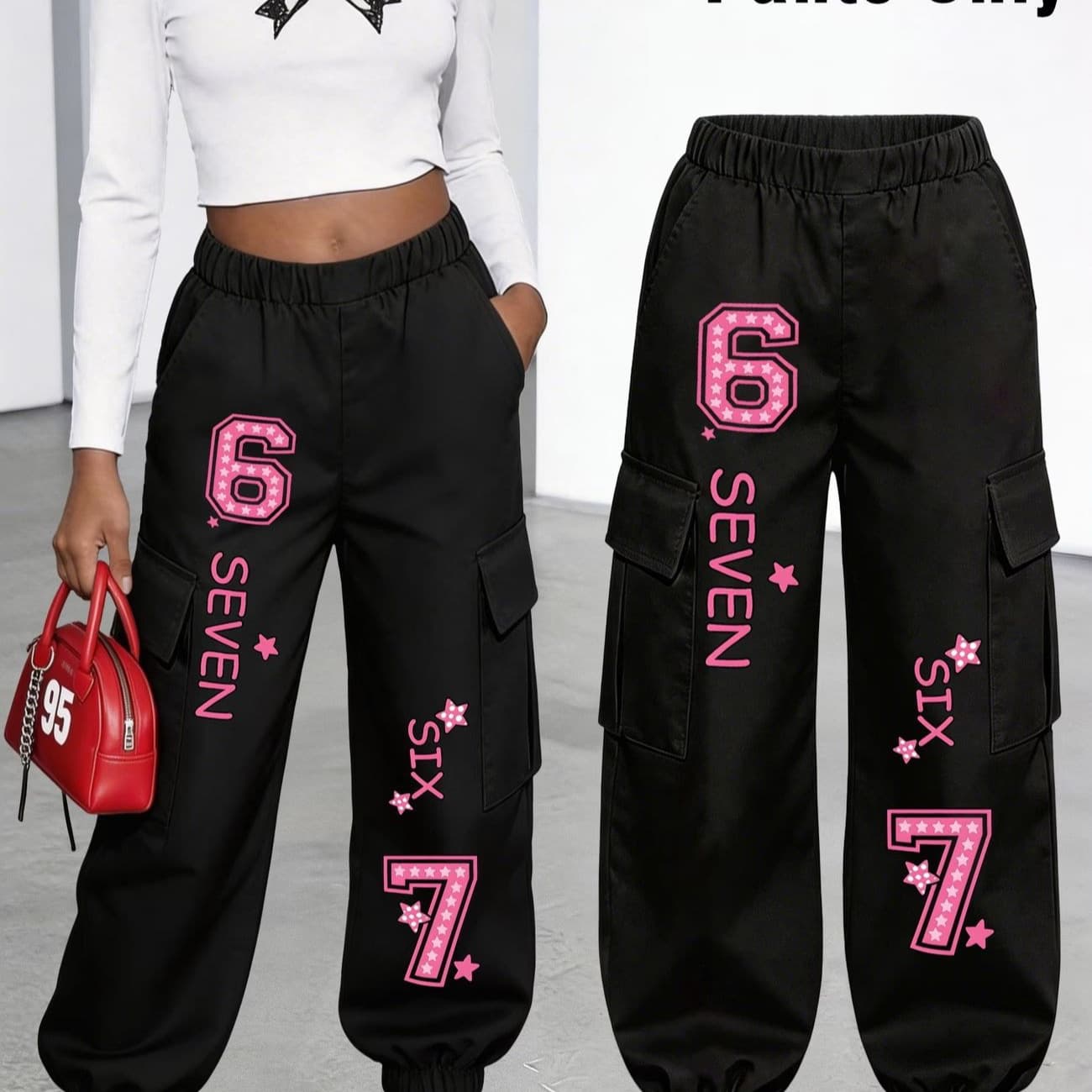 Cross-border classic black high-waist overalls, girly style, pink numbers, stars and letters, multiple side pockets, loose leggings for women