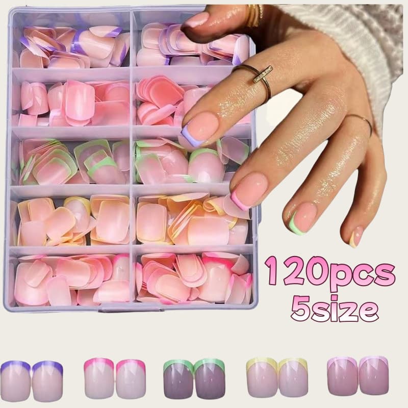 120 Pieces Boxed Colorful Short Nail Patches French Multi-Colorful Wearable Nails Fake Nails Removable Wholesale