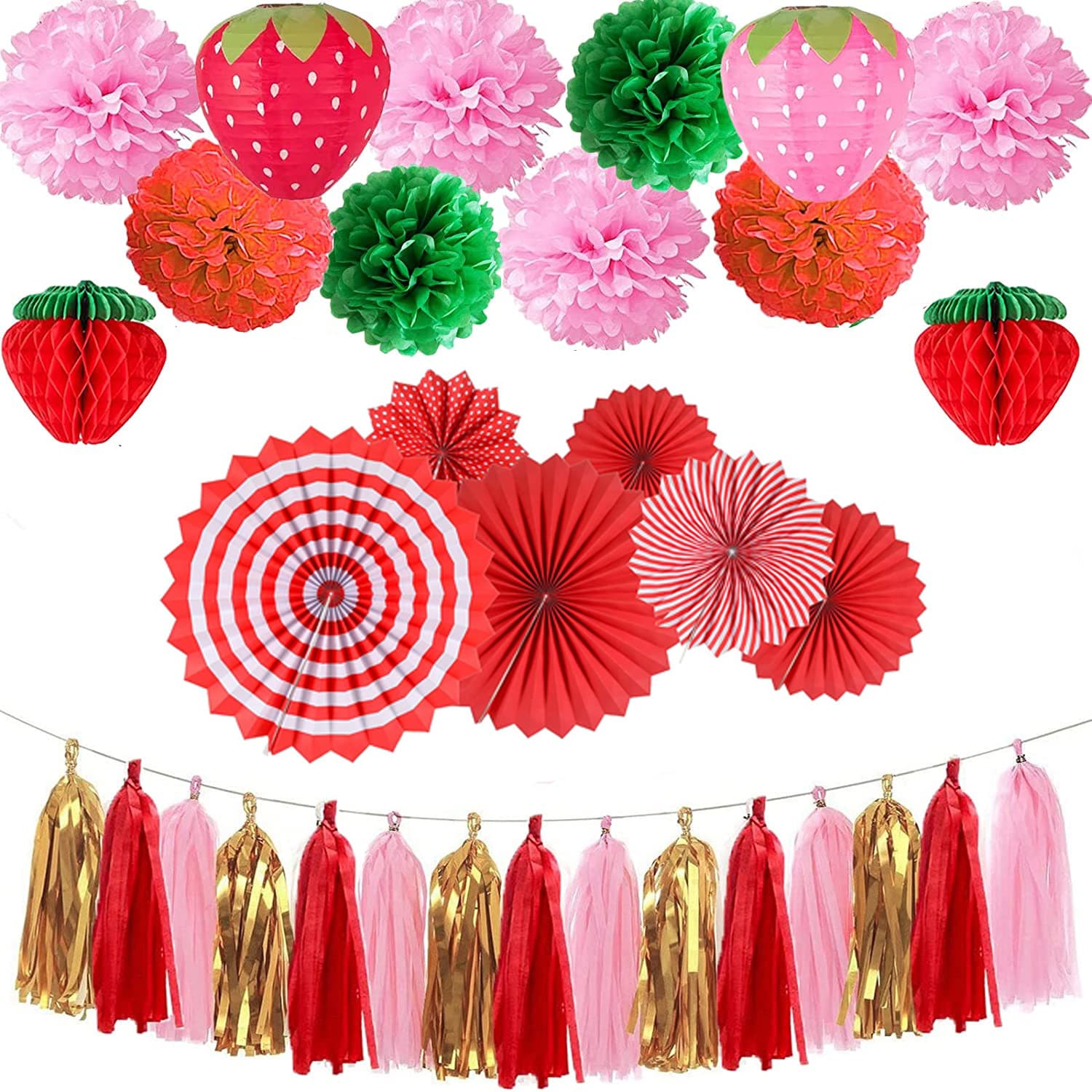 Strawberry Birthday Party Decorations for Girls Strawberry Honeycomb Ball Paper Lantern Paper Flower Ball Hanging Background Wall Set