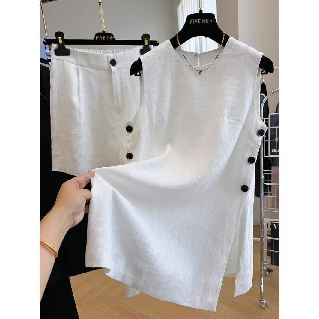 Linen Vest and Shorts Summer Outfit Set for Women, Salt-Style Streetwear Two-Piece Set