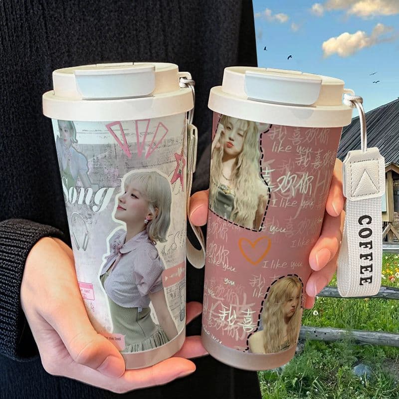 Yuqi Song creative themed tumbler with figurine, high-value stainless steel student cup with straw for girls