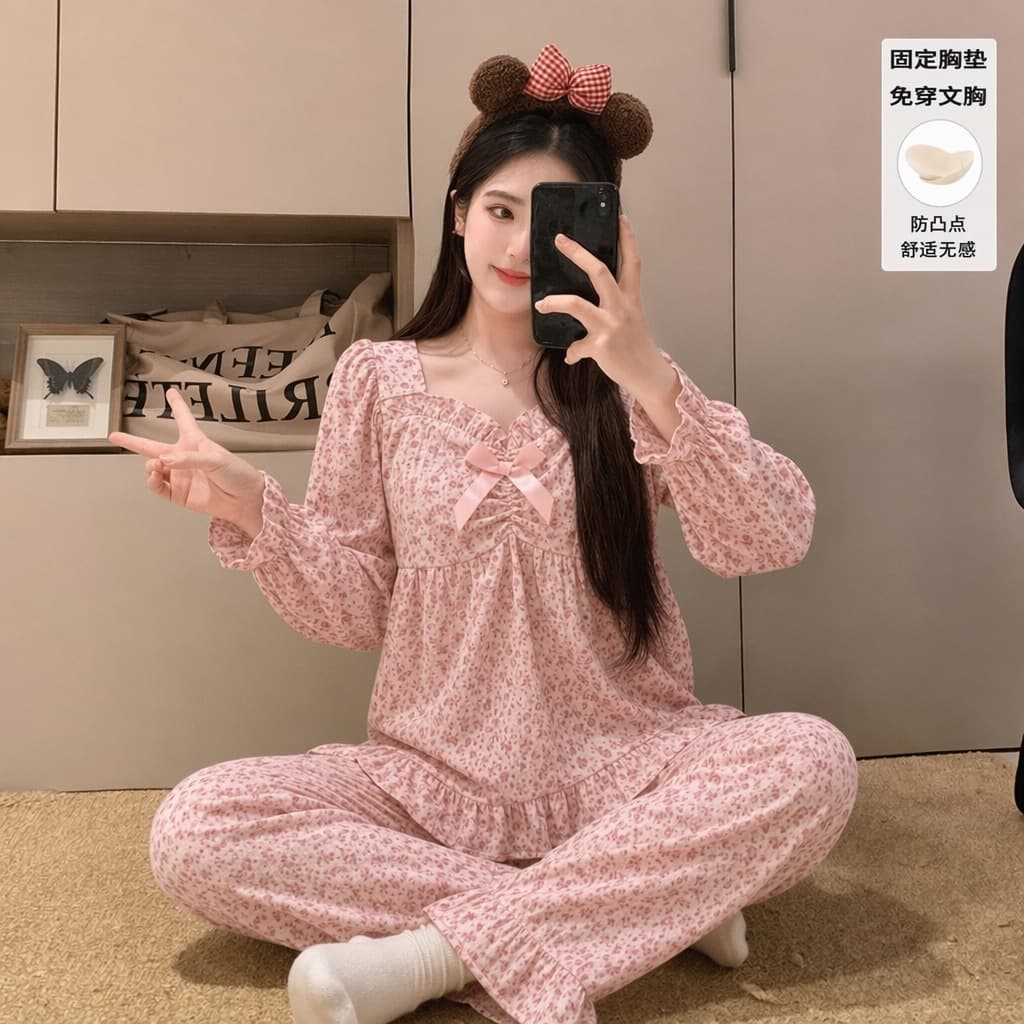 Cloud Cotton Pajamas for Women with Built-in Bra Spring Summer Autumn Thin Dopamine Floral Long Sleeve and Pants Loungewear Can Be Worn Out
