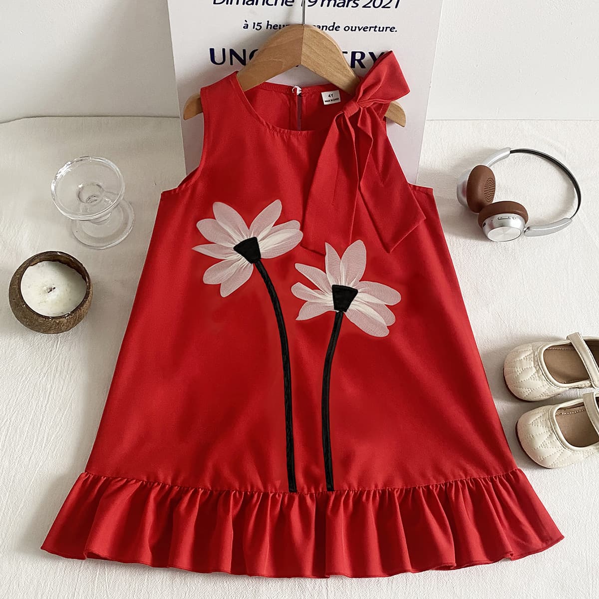 Young Girls Clothes 4-7Y Summer Sleeveless Printed Bow Dress In Stock