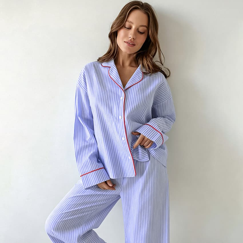 2026 Cross-Border Pure Cotton Women's Pajama Set, Fall Striped Long Sleeve Top and Pants, Soft Cotton Loungewear