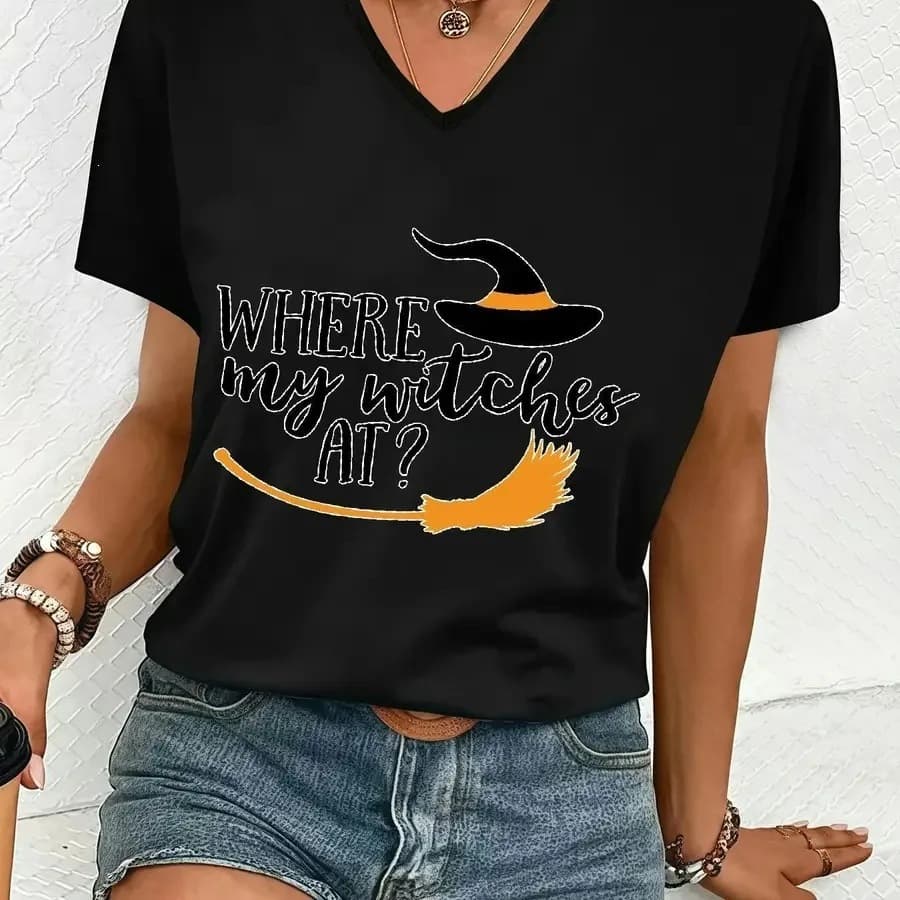 Plus Size Women's Plus Size Oversized V Neck T-Shirt - Witches and Broomsticks featuring "Where's My Witch?"