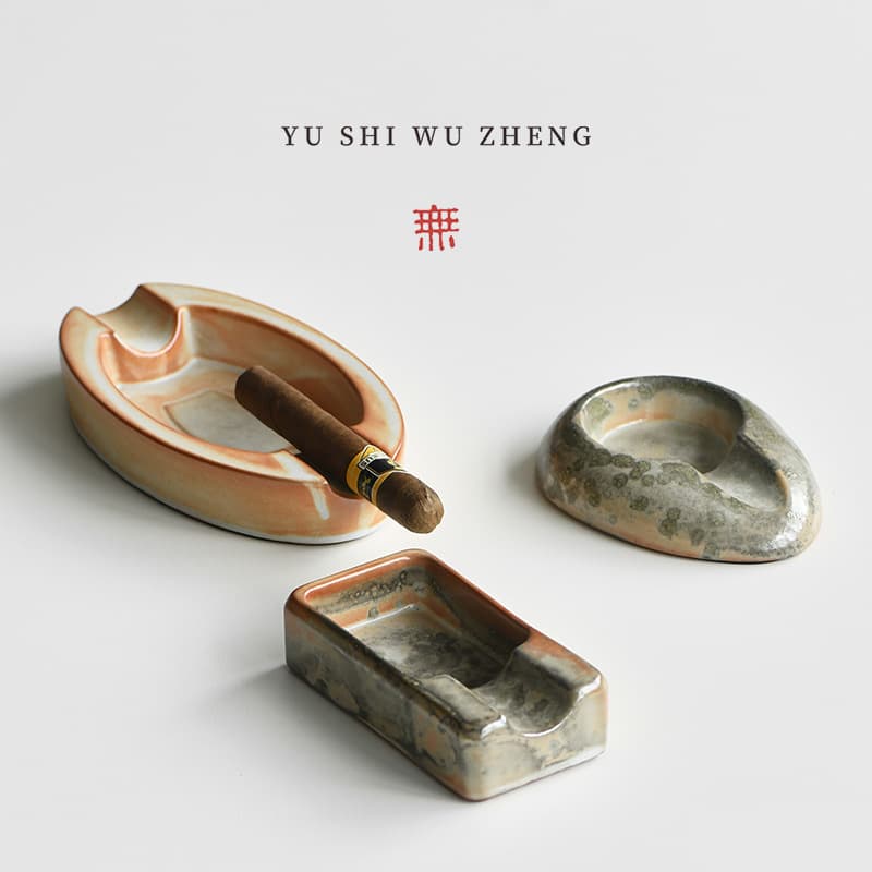 Vintage Shino Glaze Ceramic Cigar Ashtray, Wabi-Sabi Creative Decorative Ornament, Coarse Pottery Kiln-Transformed Ashtray