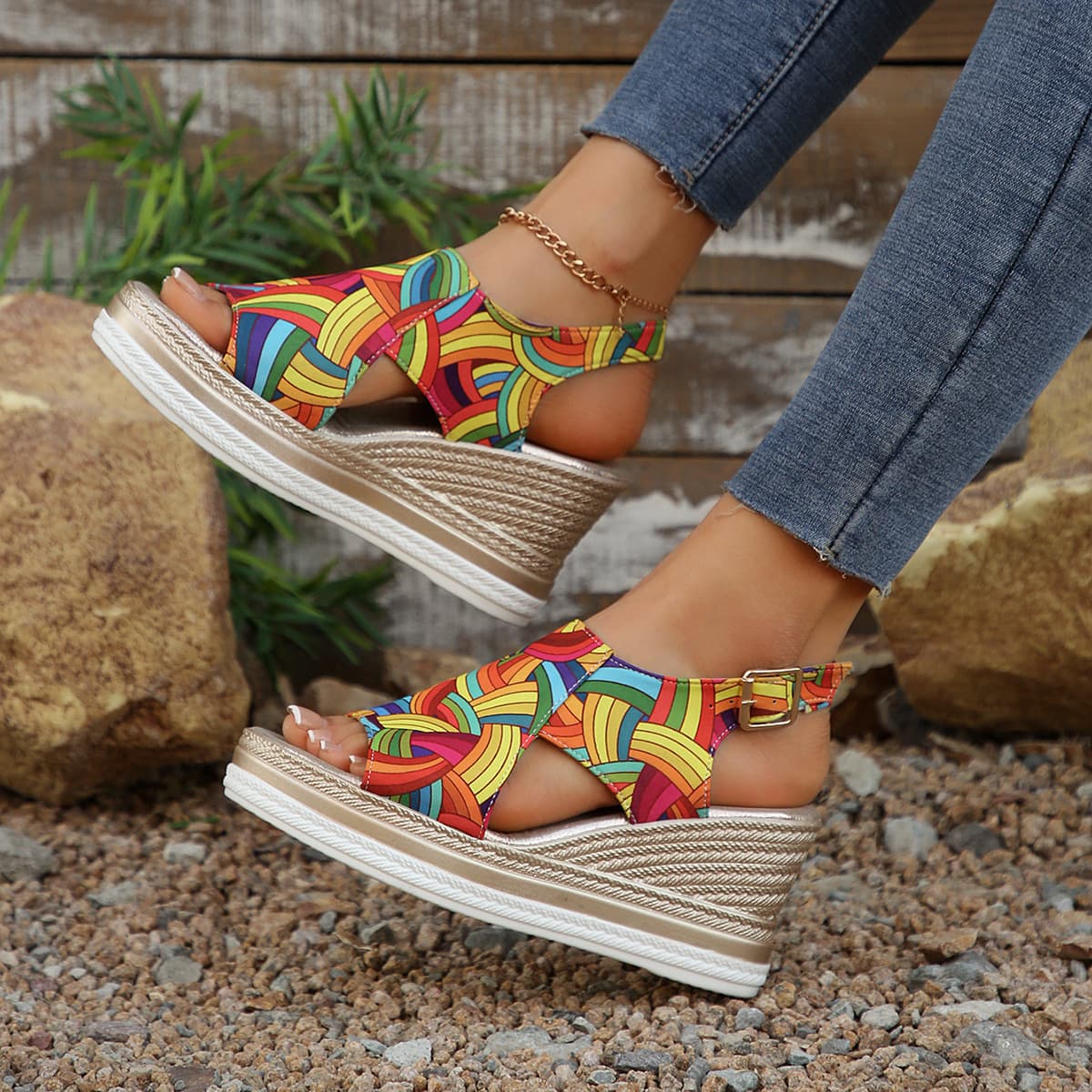 Large Size Women's Rainbow Color Block High Heel Sandals Buckle Strap Platform Summer New Style Shoes PU Leather