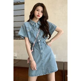 French Style Small Polo Collar Denim Dress for Women, Petite Waist Slimming Retro Korean A-Line Short Dress