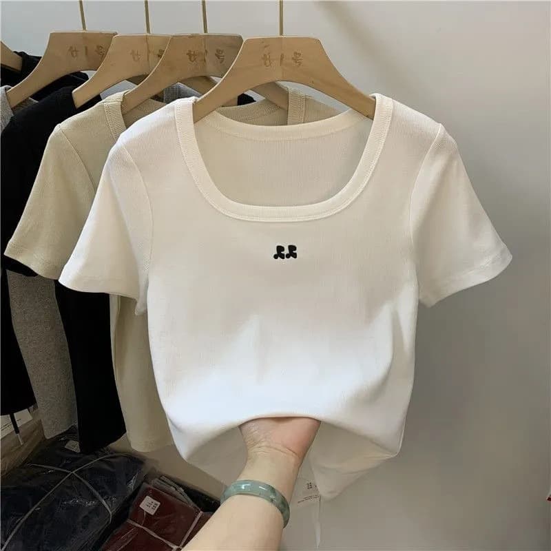 Ice Silk Square Collar Short Sleeve Embroidered Top Women's Summer Fashion Design Slim Fit T-Shirt Comfortable Casual Style