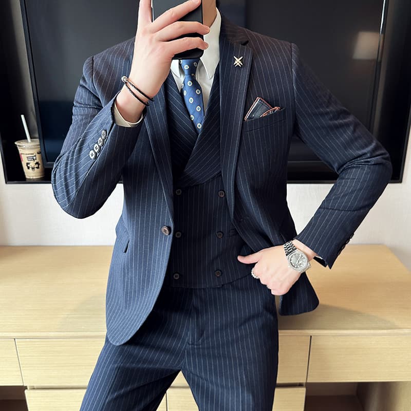 Wholesale Korean Style Men's Suit Business Casual Striped Groom Wedding Dress Slim Fit One-Button Men's Suit Set