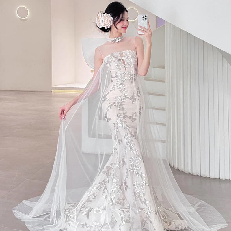 New Chinese-Style Morning Robe Dress for Bride, Light Luxury, Heavy Craftsmanship, White Strapless Bride Toast Dress