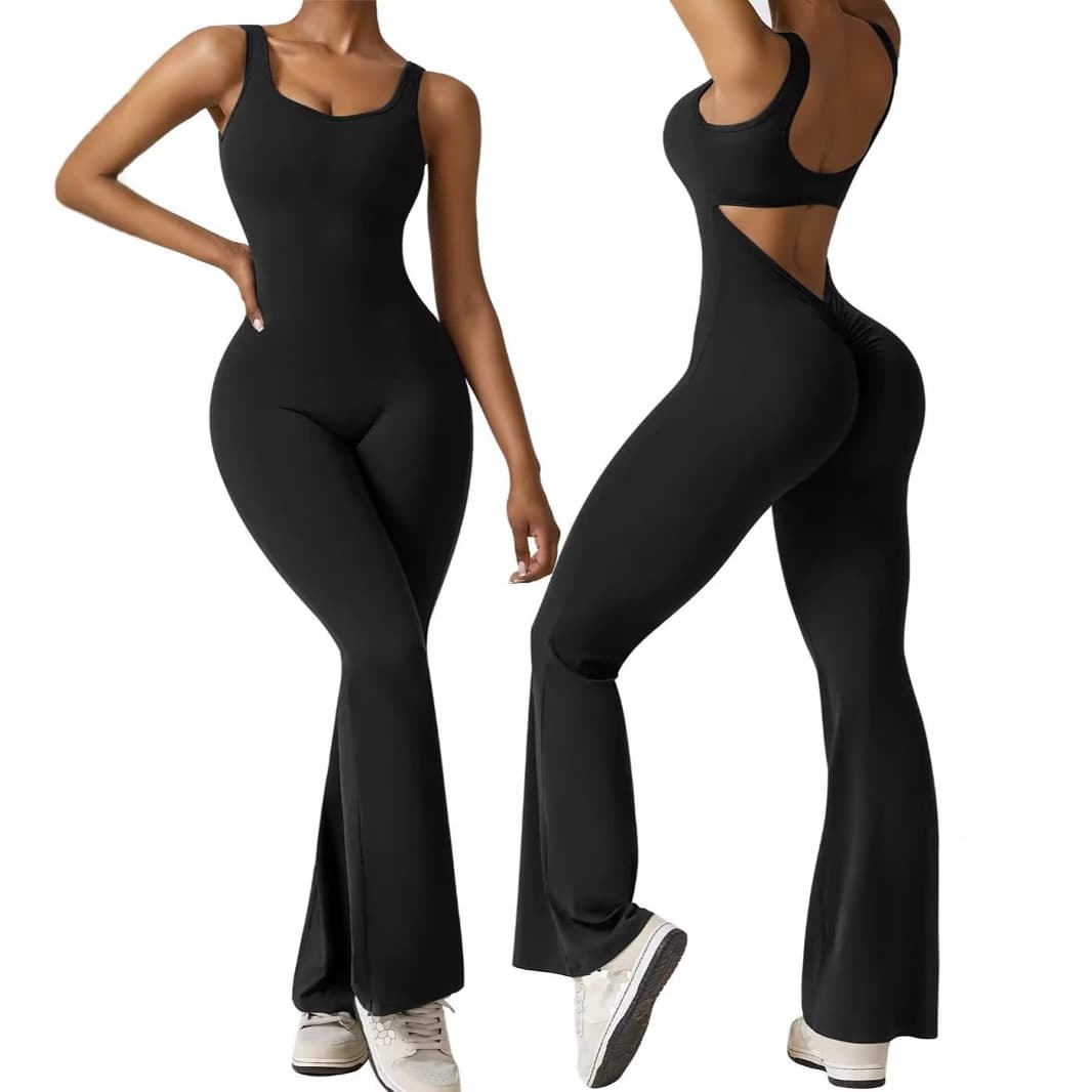 Sexy Backless Tightened Butt Yoga Romper Sleeveless Bell Bottoms European Style Street Fashion Polyester Fabric Summer 2024