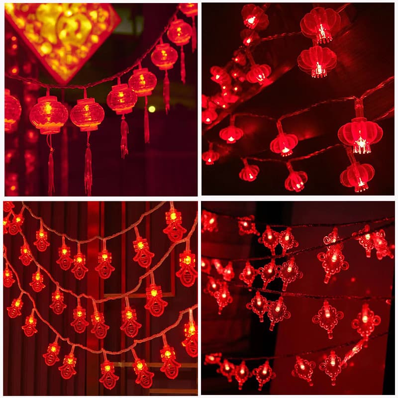 LED New Year festive solar energy Chinese knot red lantern fu character Spring Festival light string decoration family atmosphere flashing light