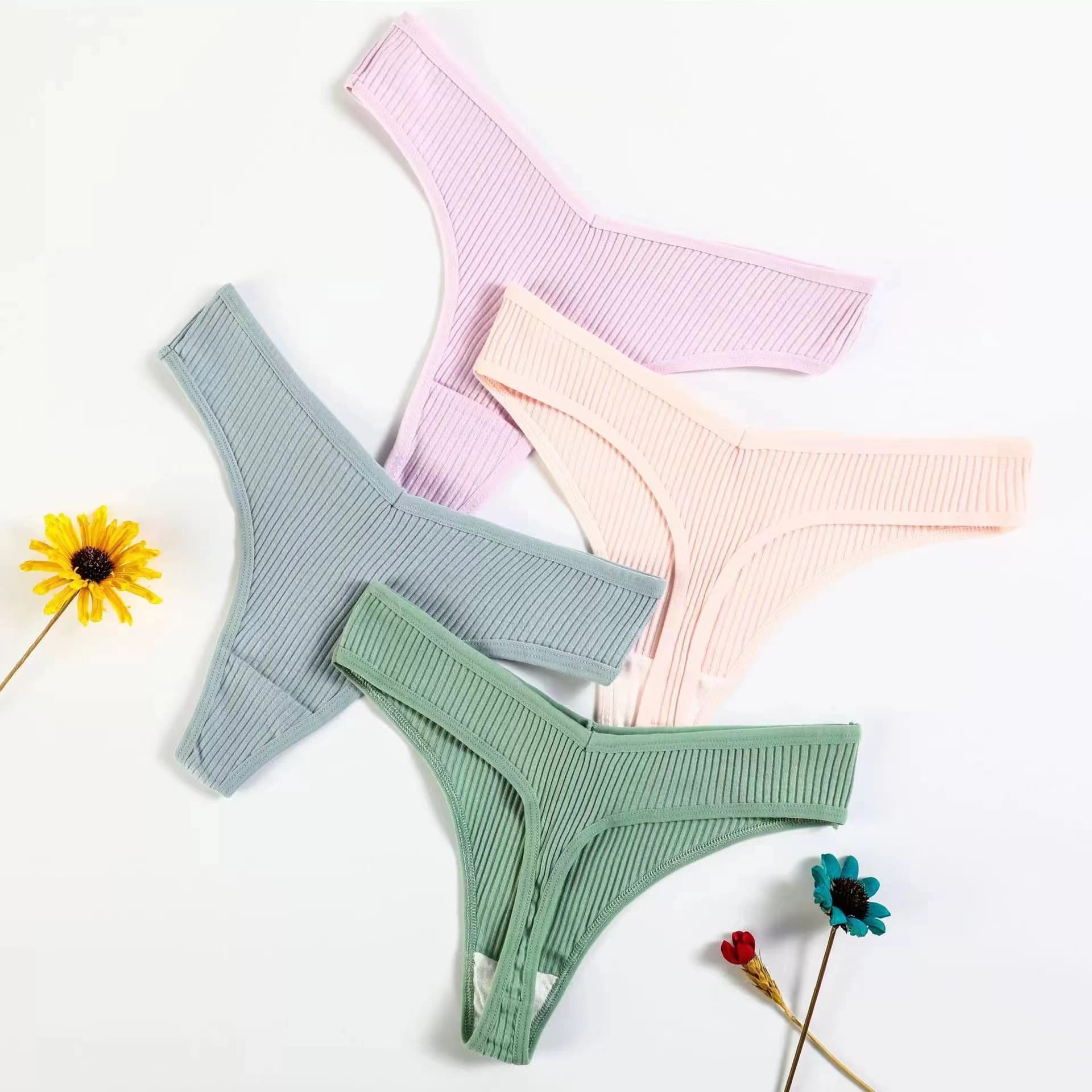 Pure cotton seductive sexy thong panties for women, fashionable solid color women's ribbed briefs.