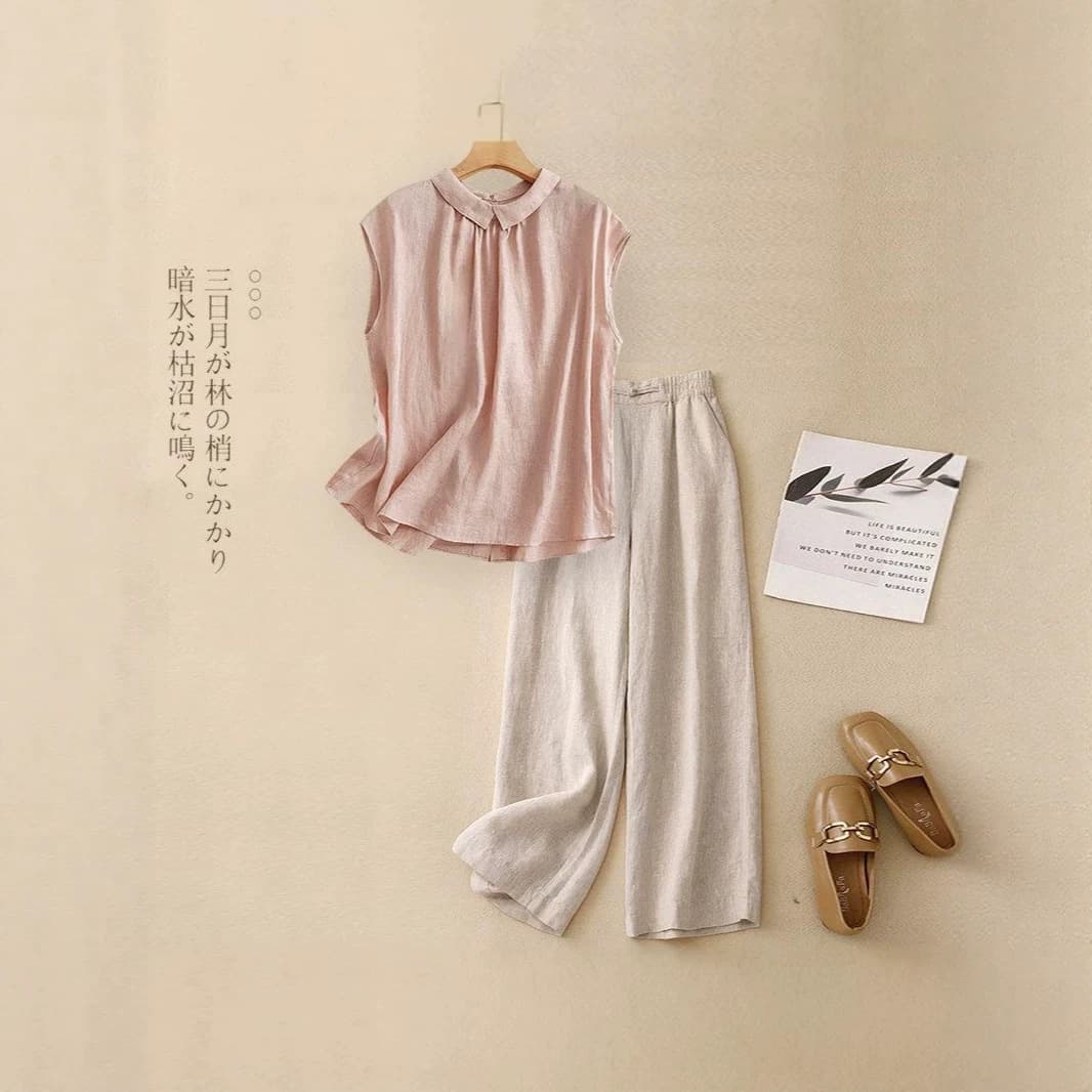 Fashion Cotton Linen Suit Women Summer 2026 New Slimming Sleeveless Shirt Loose Casual Sleeveless Top Two-Piece Set
