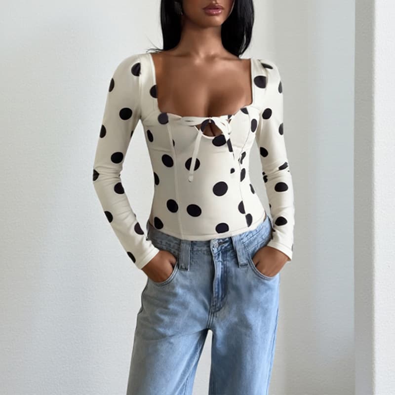 YL25419 European and American New Hot Selling Sexy Women Polka Dot Chiffon Top Sexy Tie Square Neck Backless T-Shirt