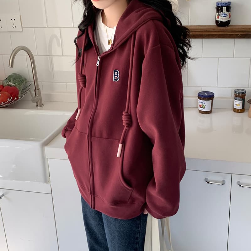 Fleece-Lined Loose Hoodie for Women Fall/Winter 2026 New Wine Red Zip-Up Thick Coat Casual Style