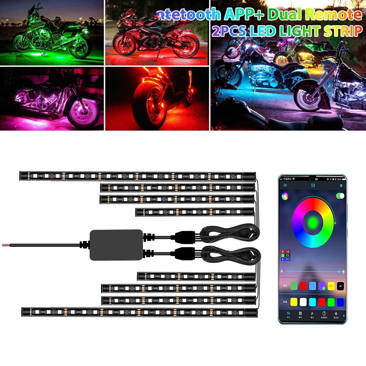 Motorcycle Ambient Light 1-to-12 APP LED Harley Sound-Activated Music Multicolor Decorative Light Strip for Car and Motorcycle