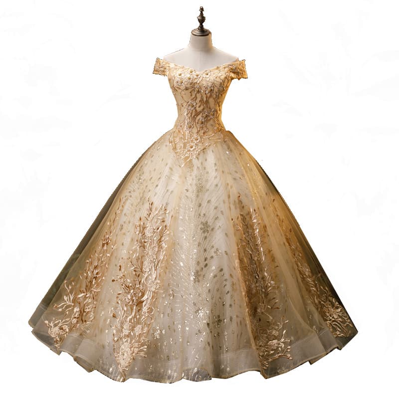 European American Evening Dress Women Cross-border Solo Performance Dress Tutu Long Annual Meeting Host Gold Amazon Dress