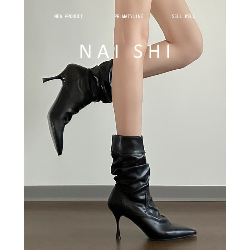 Sheepskin Edition! Pointed-Toe Wrinkle Stacked Riding Boots for Women, Stiletto Heel Retro Mid-Calf Boots Elegant Black Genuine Leather High Heel Boots