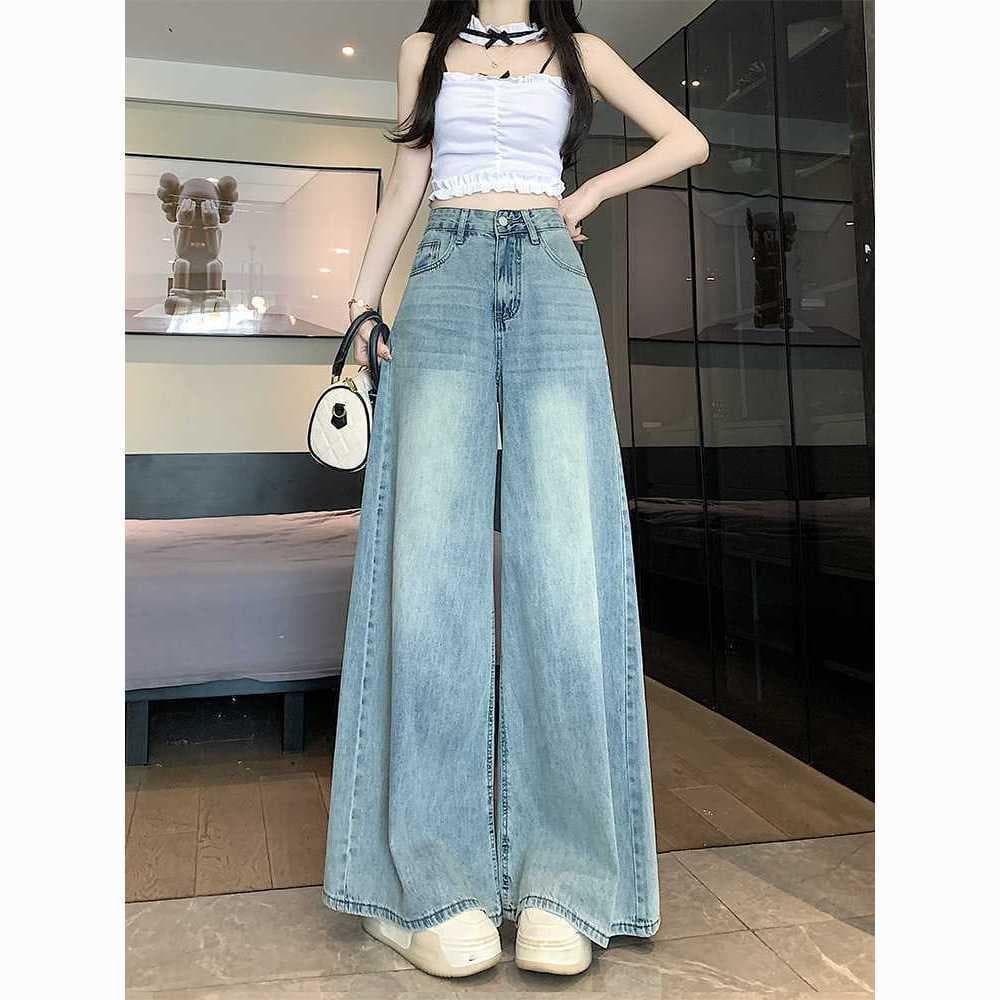 Light Blue Washed Wide-Leg Jeans for Women 2026 Summer Thin High-Waist Slimming Draping Loose Straight-Leg Floor-Length Pants